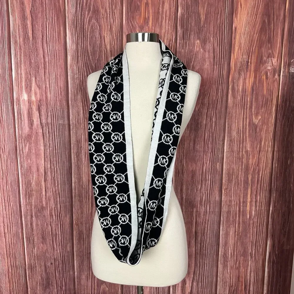 Michael Kors Black & White MK Circle‎ Logo Infinity Scarf W/ White Trim